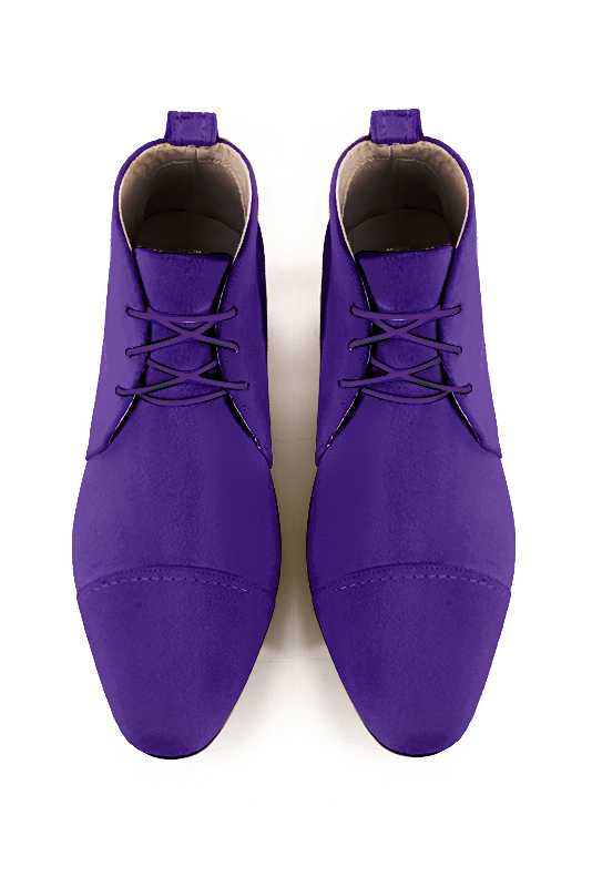Violet purple women's ankle boots with laces at the front. Round toe. Low flare heels. Top view - Florence KOOIJMAN